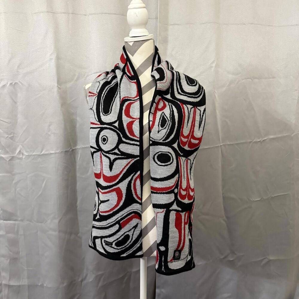 Nisga’a Knit Apparel Scarf – Black, Red & Gray – Merino Wool Blend – 63" Long